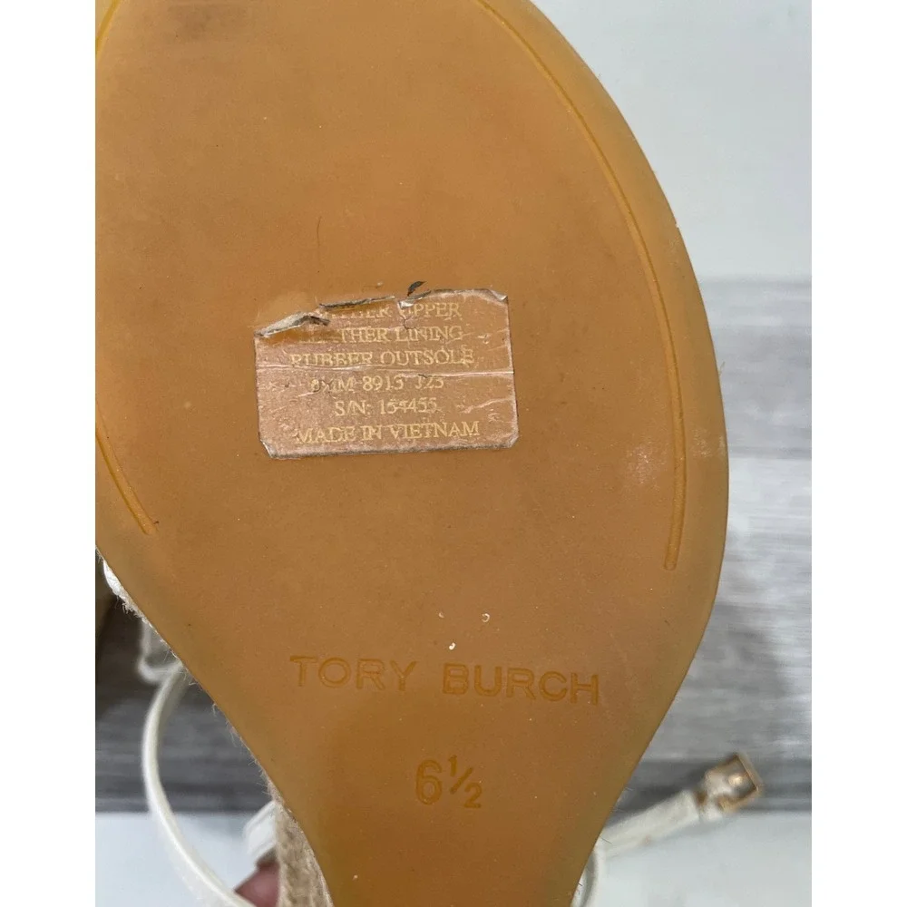 Tory Burch Miller Wedge Sandals White Leather Gold Logo Espadrille 6.5M 89131